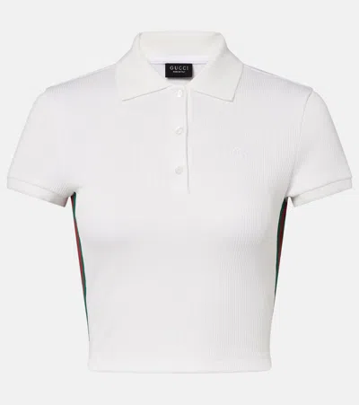 Gucci Web Stripe Ribbed-knit Cropped Polo Shirt In White