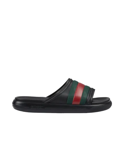 Gucci Web Rubber Slides In Black