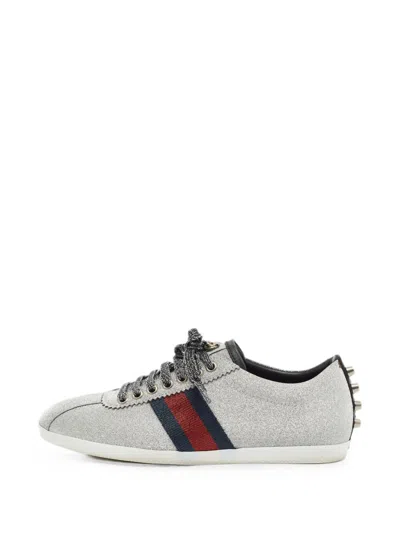 Pre-owned Gucci Web Stripe Studded Sneakers In Silver