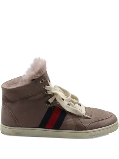 Pre-owned Gucci Web-stripe Suede Sneakers In Brown