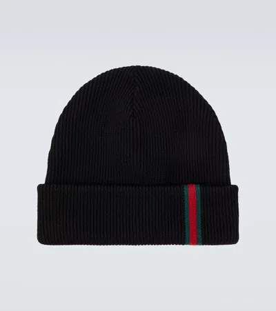 Gucci Web Stripe Wool Beanie In Black