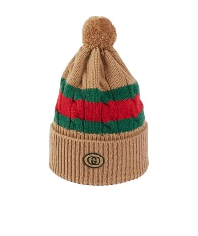 Gucci Web Stripe Wool Beanie In Brown
