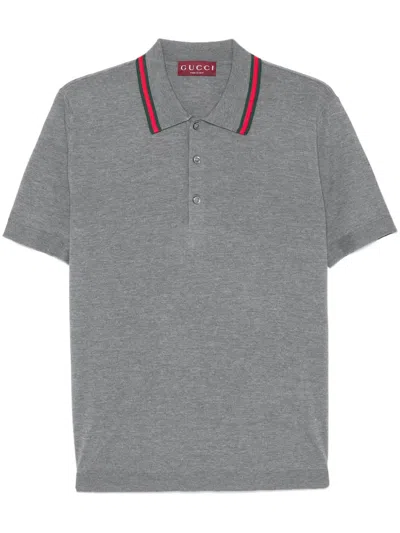 Gucci Web-stripe Wool Polo Shirt In Gray