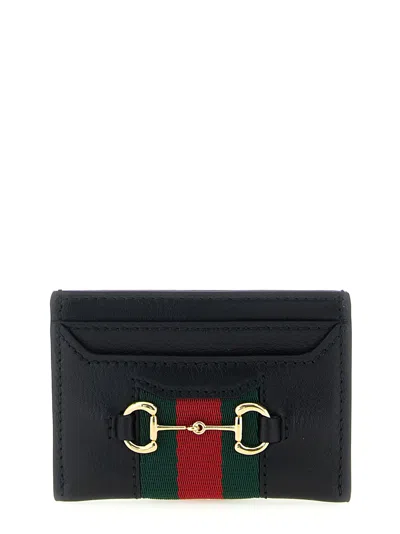 Gucci Web Striped Leather Card Case In Black