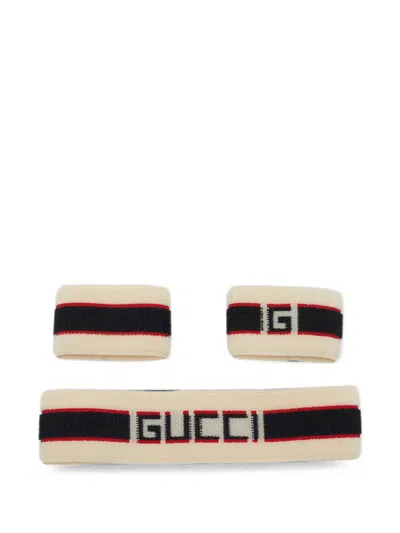 Pre-owned Gucci Web Striped Terry Headband Wristbands Set In Neutrals