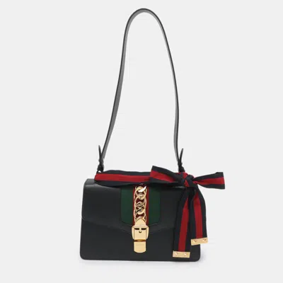 Pre-owned Gucci Web Sylvie Small Black Leather Shoulder Bag