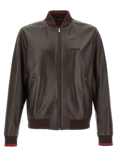 Gucci Web Tape Bomber Jacket Casual Jackets And Parka Brown