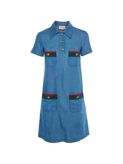 Pre-owned Gucci Web Trim Shirt Dress In Blue