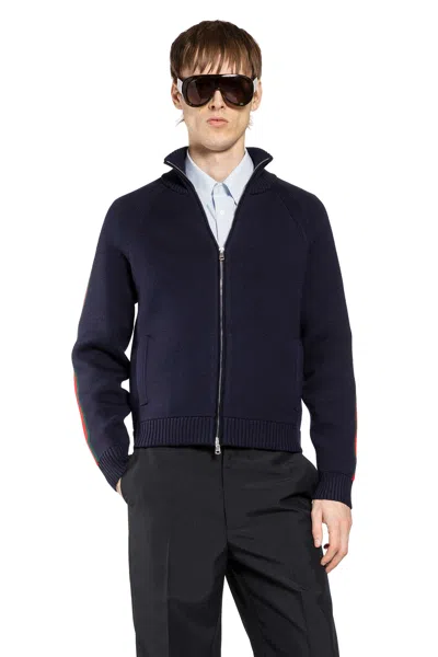 Gucci Web Wool Zip-up Cardigan In Blue