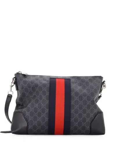 Pre-owned Gucci Web Zip Flat Messenger Gg Coated Canvas Medium Crossbody Bag In Black