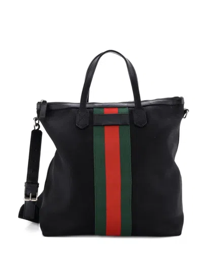 Pre-owned Gucci Web Zip Techno Canvas Medium Tote Bag In Black