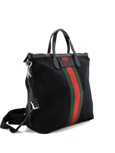Pre-owned Gucci Web Zip Techno Canvas Medium Tote Bag In Black