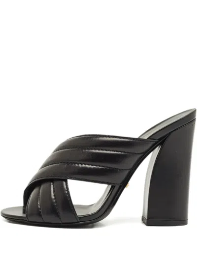 Pre-owned Gucci Webby Leather Mules In Black