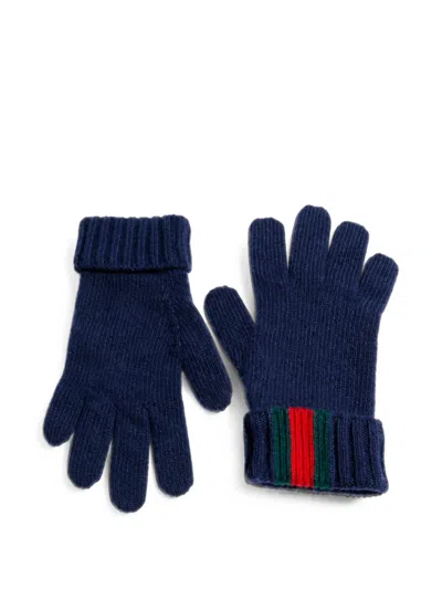 Gucci Kids' Web-detail Knitted Gloves In Blue