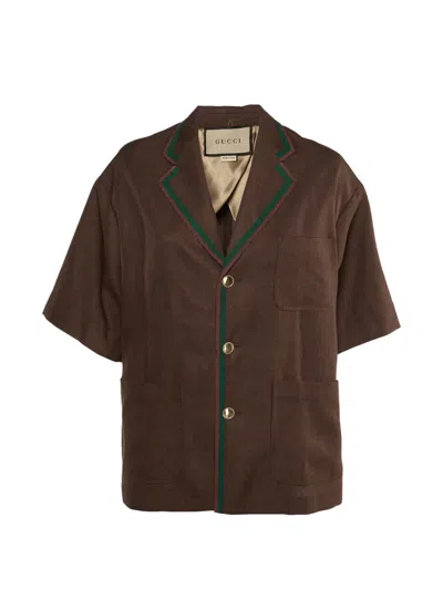 Pre-owned Gucci Web-stripe Bowling Shirt In Brown