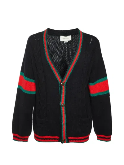 Pre-owned Gucci Web-stripe Cable Knit Cardigan In Black
