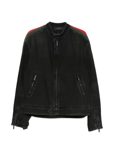 Gucci Black Cotton Denim Biker Jacket With Web Trim