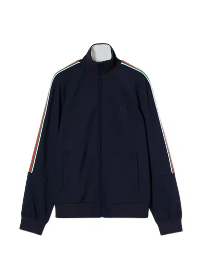 Gucci Web-stripe Embroidered-logo Zip-up Sweater In Blue