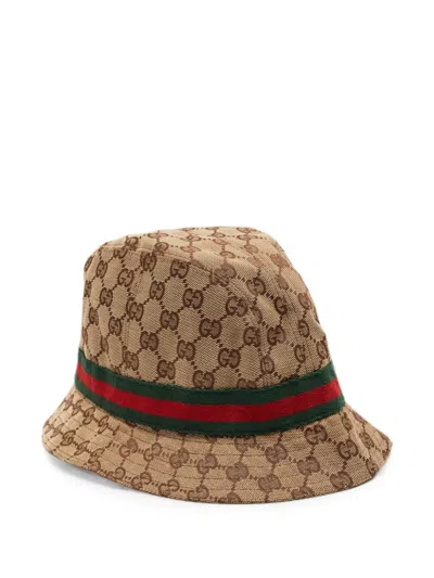 Pre-owned Gucci Web-stripe Gg Monogram Bucket Hat In Neutral