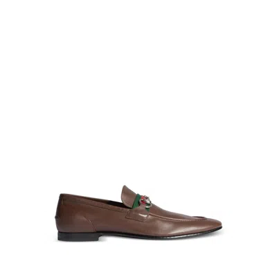Gucci Web-stripe Horsebit Flat Loafers In Brown