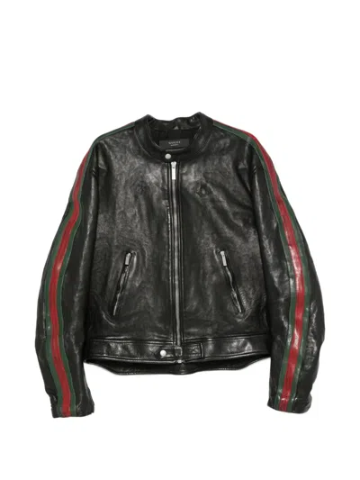 Gucci Leather Biker Jacket Band Collar Detail In Neutral