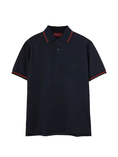 Gucci Web-stripe Logo-embroidered Polo Shirt In Blue