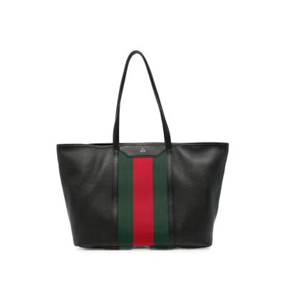 Gucci Web-stripe Pebbled-leather Tote Bag In Black