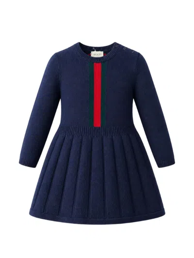 Gucci Kids' Web-stripe Pleated Knitted Dress In Blue