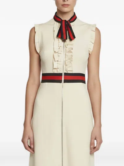 Pre-owned Gucci Web-stripe Ruffled Mini Dress In Neutrals