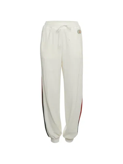 Pre-owned Gucci Web-stripe Velvet Track Pants In White