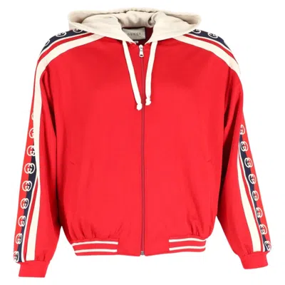 Pre-owned Gucci Web-trimmed Zip-up Hoodie In Red Cotton