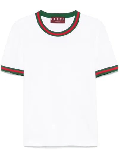Gucci Women White Crewneck T-shirt With Web Detail On The Edges In Cotton Woman