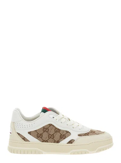 GUCCI GUCCI WHITE AND BEIGE LOW TOP SNEAKERS WITH WEB DETAIL IN LEATHER AND GG SUPREME CANVAS WOMAN