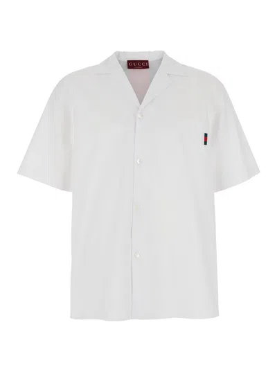 Gucci White Bowling Shirt With Web Detail On The Front And Maxi Web Print With Logo Lettering On The In Multicolor