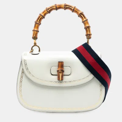 Pre-owned Gucci White Calfskin Frame Print Bamboo Top Handle Bag