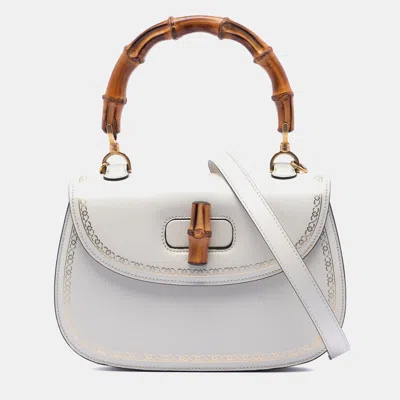 Pre-owned Gucci White Calfskin Frame Print Bamboo Top Handle Bag