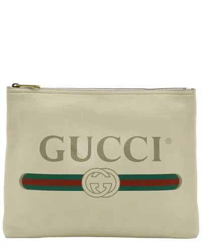 Gucci White Calfskin Print Medium Clutch Bag (authentic Pre-loved) In Green