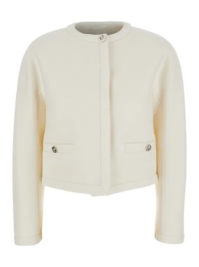 GUCCI GUCCI WHITE COLLARLESS CROPPED JACKET WITH GG LOGO BUTTON IN BOUCLÉ WOOL WOMAN