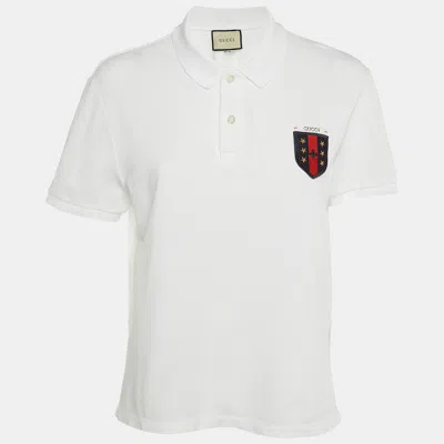Pre-owned Gucci White Cotton Pique Logo Patch Detail Polo T-shirt L
