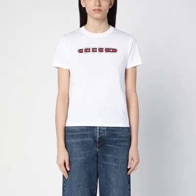 Gucci Women White Crewneck T-shirt Wth Web Print With Logo Lettering On The Front In Cotton Woman