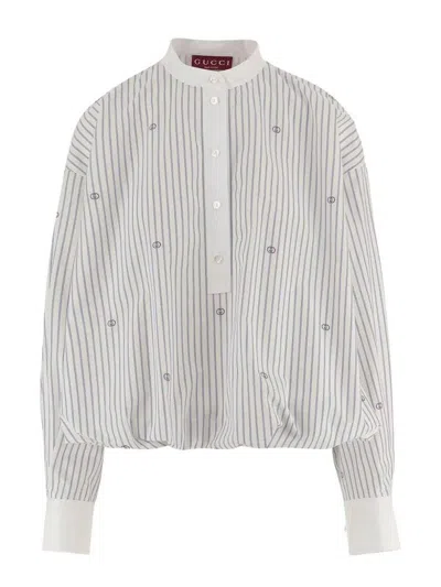Gucci Cotton Striped Blouse With Embroidery In White