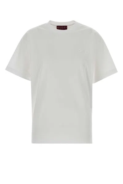 GUCCI WHITE CREWNECK EMBROIDERY LOGO T-SHIRT