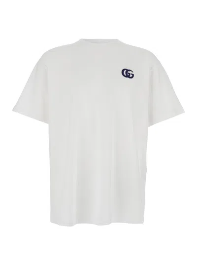 Gucci White Crewneck T-shirt With Double G Logo Embroidery On The Front In Cotton Man