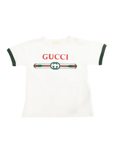 Gucci Kids' White Crewneck T-shirt With Logo On The Front In Cotton Baby