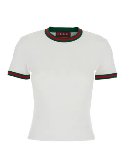 Gucci White Crewneck T-shirt With Web Detail On The Edges In Cotton Woman