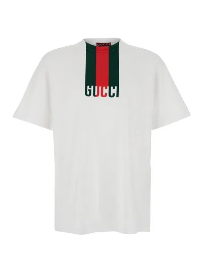 Gucci White Crewneck T-shirt Wth Maxi Web Print With Logo Lettering On The Front In Cotton Man