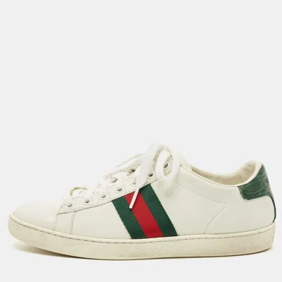 Pre-owned Gucci White Crocodile And Leather Ace Lace Up Sneakers Size 37