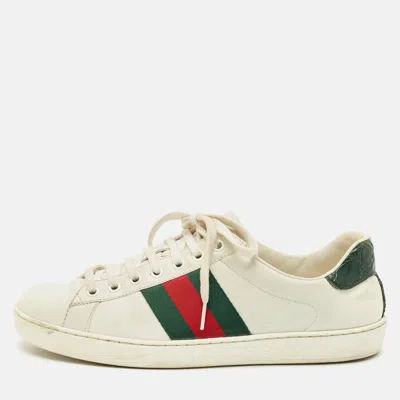 Pre-owned Gucci White Crocodile Leather And Leather Ace Lace Up Sneakers Size 40