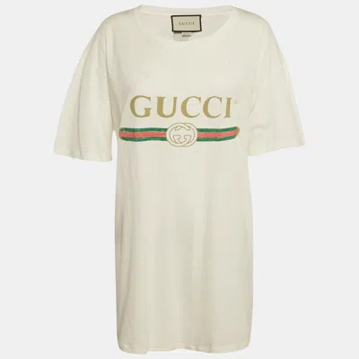 Pre-owned Gucci White Distressed Logo Print Cotton Oversized T-shirt L