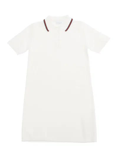 Gucci Kids' White Dress With Polo Shirt Style Collar With Web Detail And Embroidery In Cotton Girl